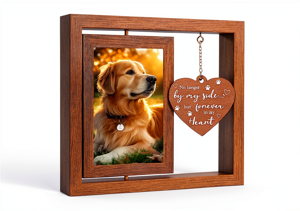 X-partner pet memorial frame displaying two photos on a rustic wooden shelf