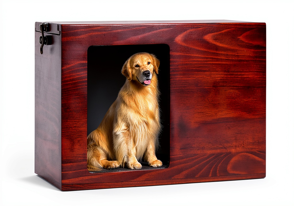 DGDCDV pet urn with photo display on a shelf