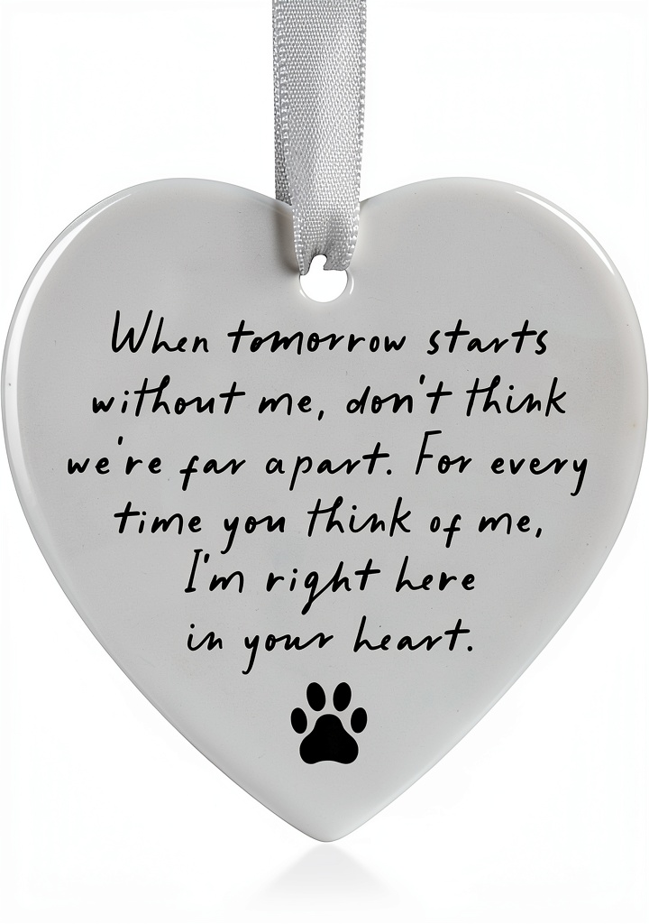 Ceramic pet memorial heart displayed on a memorial shelf